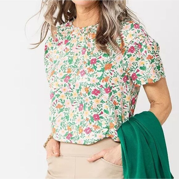 croft & barrow Tops - Women's Croft & Barrow White And Pink Piped Raglan Blouse
